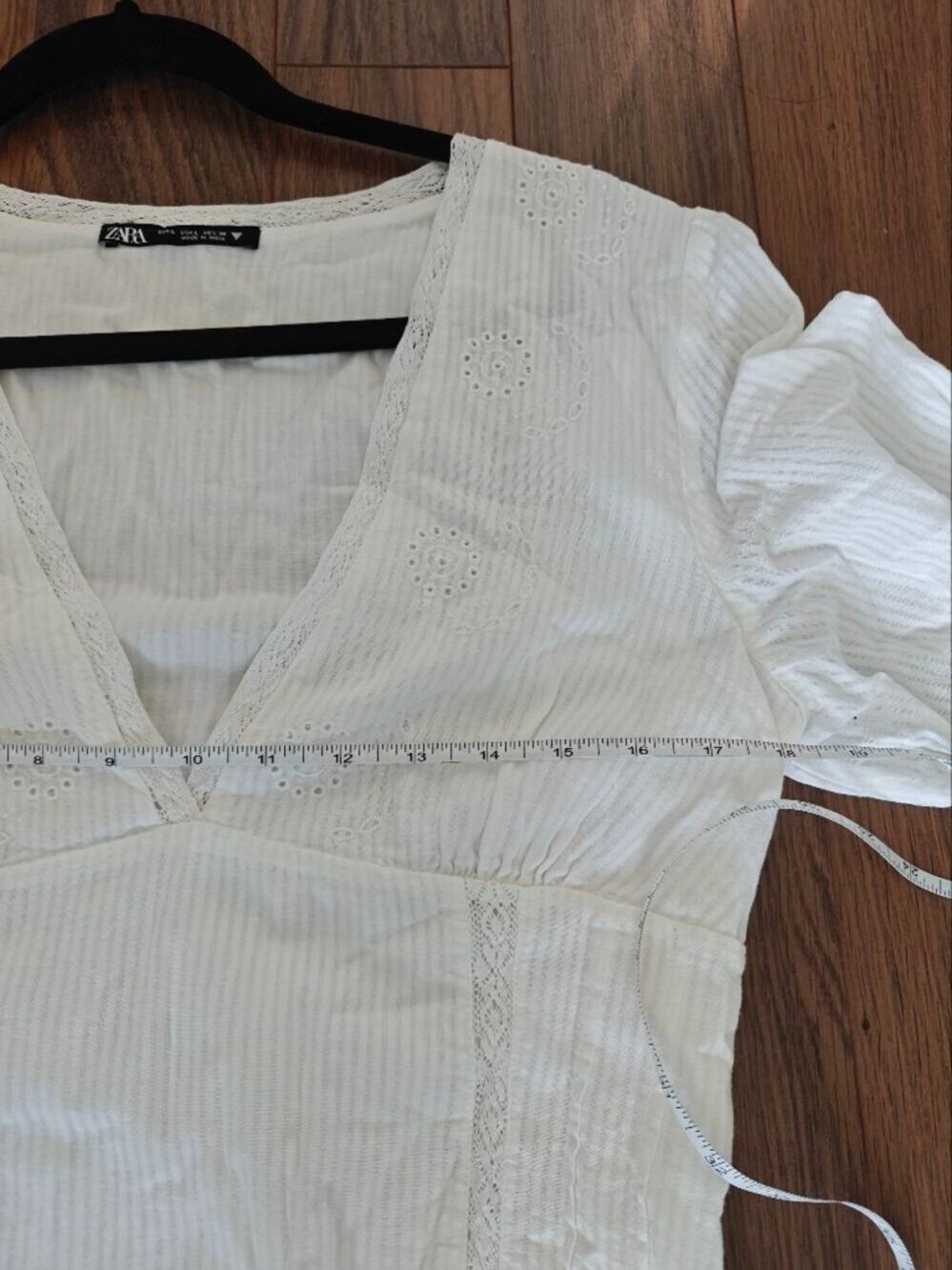 H&M White Cotton Linen Puff Sleeve Mini Dress Medium Open Back Cottagecore 0721 - Picture 7 of 8